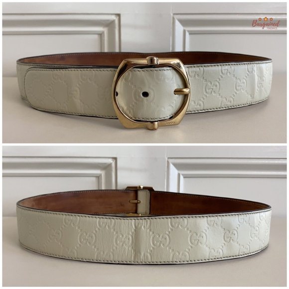Authentic Gucci Cream GG Embossed Signature Leather Gold Pin Buckle Belt 90/36 - Picture 5 of 13